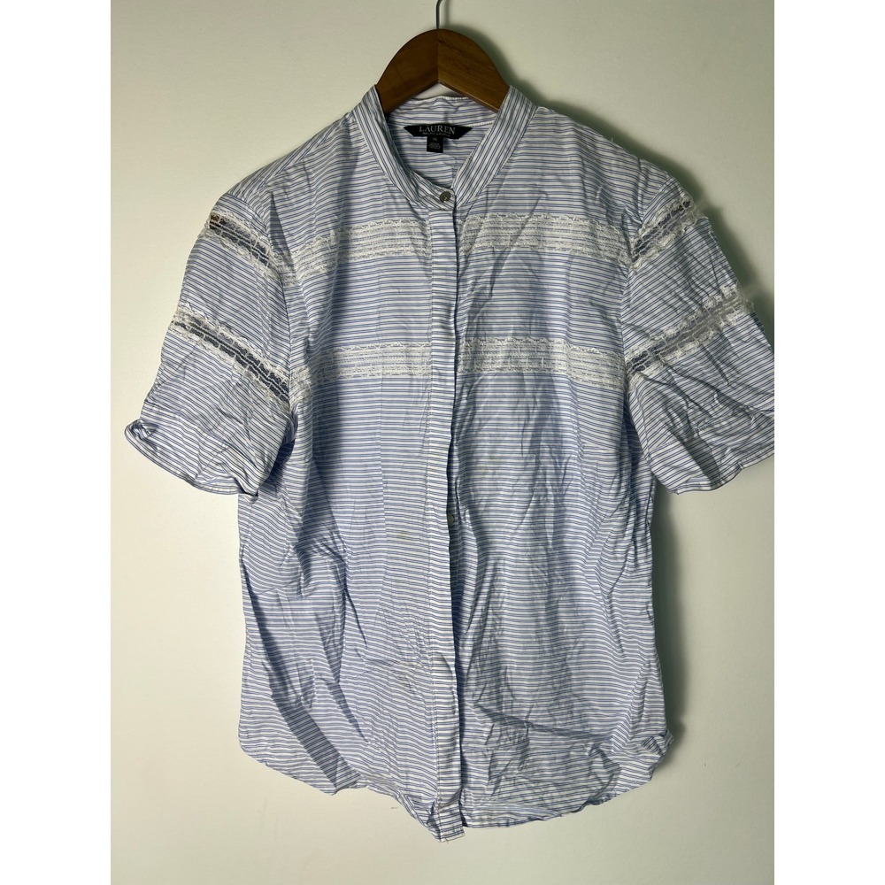 Ralph Lauren Blouse Wm XL Blue Stripe Lace Band Collar Short Sleeve Boho Cottage